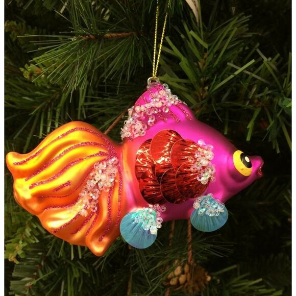 Glass Kissing Fish Pink Red Orange Christmas Tree Ornament Beaded NEW - Picture 1 of 4